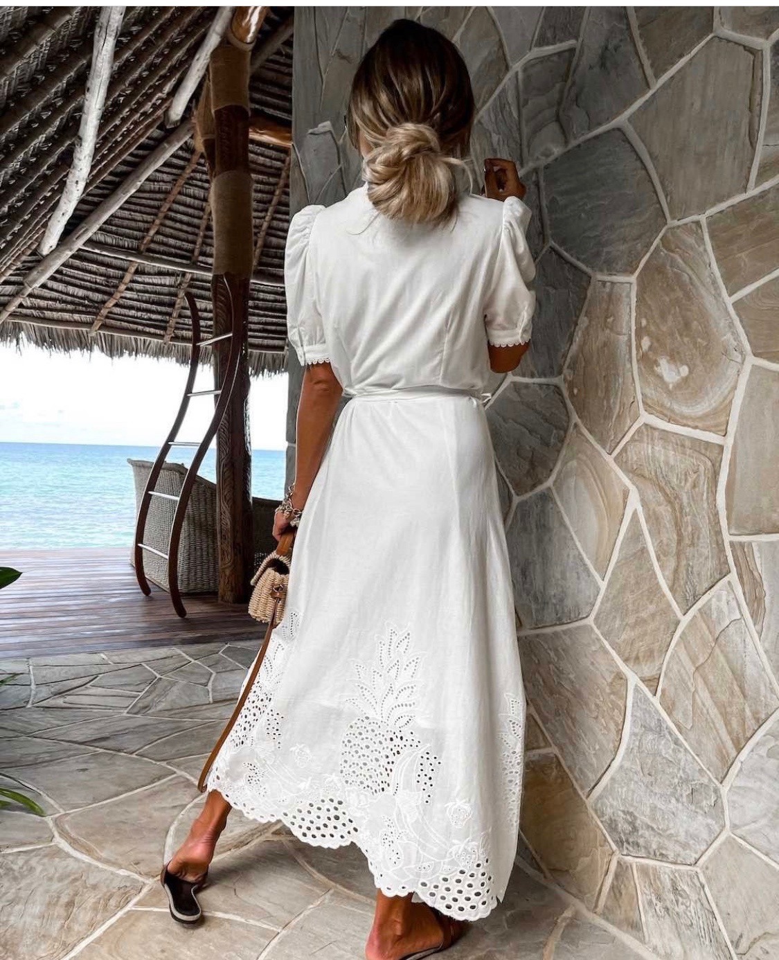 Half Sleeve Sleeve Length Wholesale Women's Vacation Hollow Out Solid Color Pineapple Holiday Beach Standing Collar Half Sleeve Swing Dress Shirt Dress