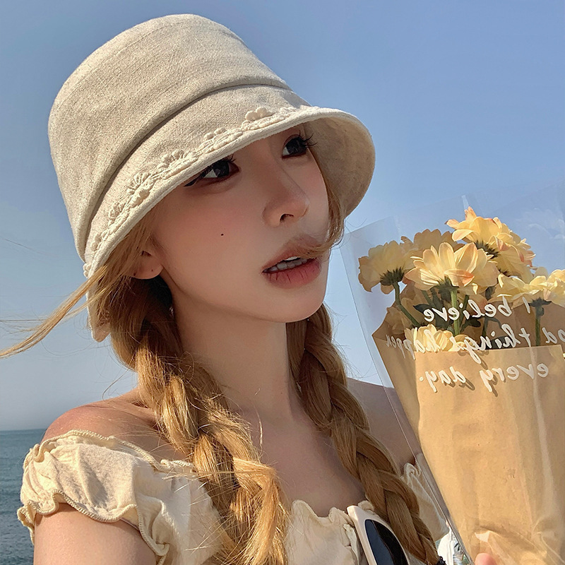 日系花朵棉麻夏季渔夫帽女薄款透气百搭显脸小盆帽防晒遮阳帽子无|undefined
