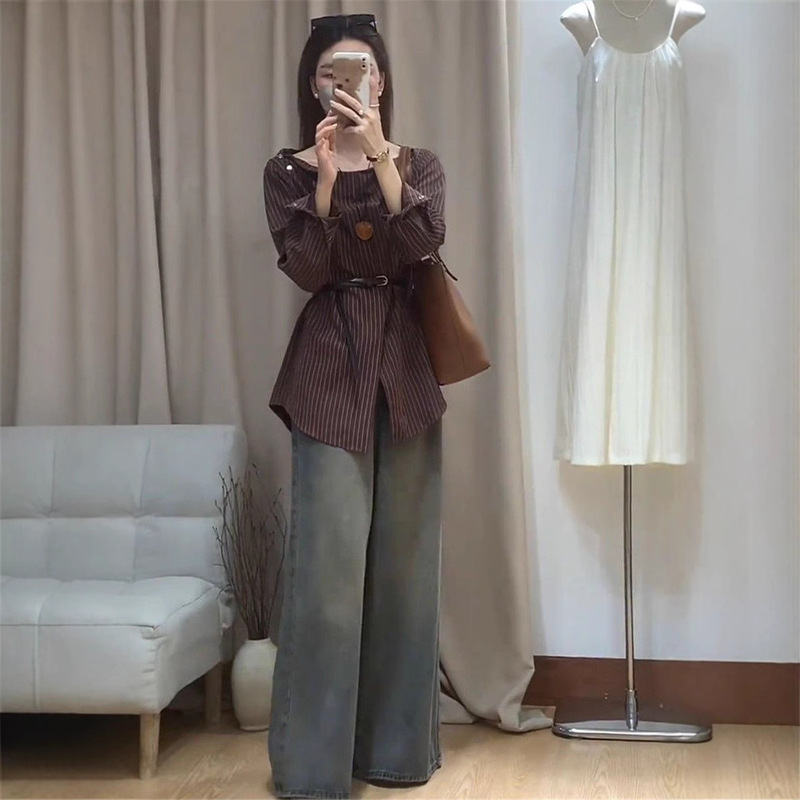 初春韩系穿搭一字肩条纹不规则长袖衬衫女春秋外搭设计感小众衬衣|undefined