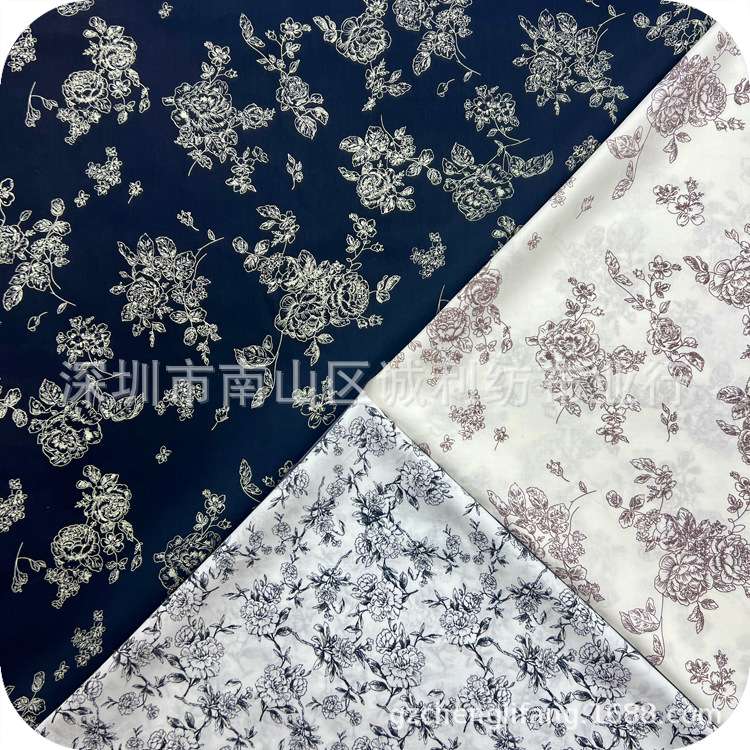 法式绘画新黑白牡丹花全棉印花面料批发连衣裙童装衬衫装饰品布料