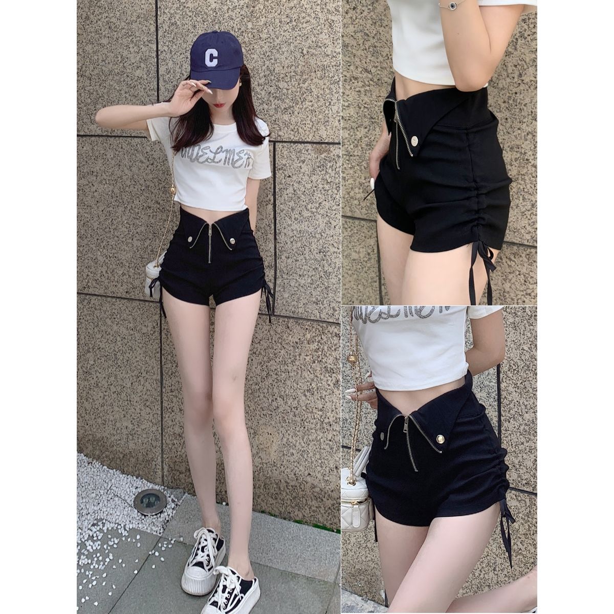 2022 Verano de gran tamaño gordo negro pantalones de pierna ancha de las mujeres de cintura alta desgaste exterior cordón pantalones cortos cremallera A-line casual pantalones calientes