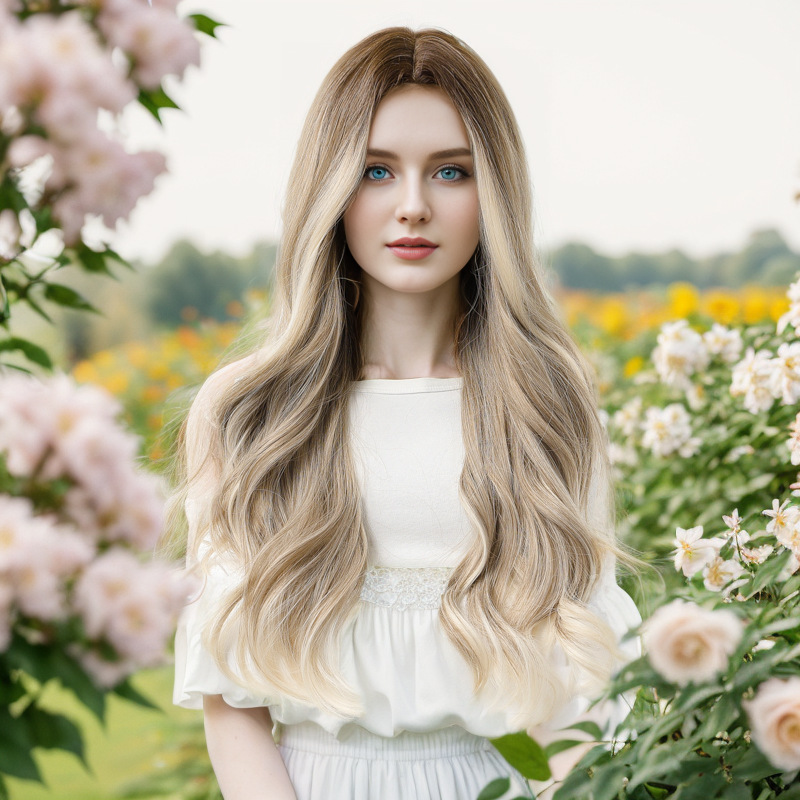 Perruque synthétique mi-longue bouclée, perruque teinte dégradé gris or pour femmes, mécanisme capillaire en fibre synthétique, ensemble tête complète_voghion.com