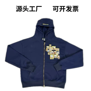 外贸来图定制画廊徽章刺绣连帽拉链卫衣男女同款宽松休闲开衫外套