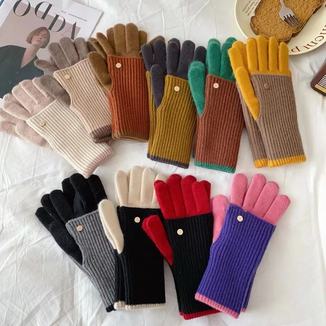 South Korea winter color matching split finger personalized warm wool knitted gloves exposed finger touch screen men and women gift