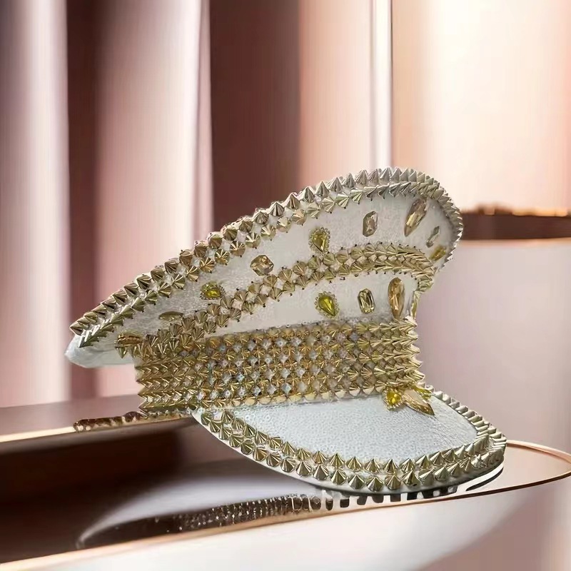 Sombrero azul marino con incrustaciones de diamantes, boina estilo punk, sombrero y2k, sombrero de marinero para mujer con ambiente otoñal e invernal, sombrero dorado para clima frío