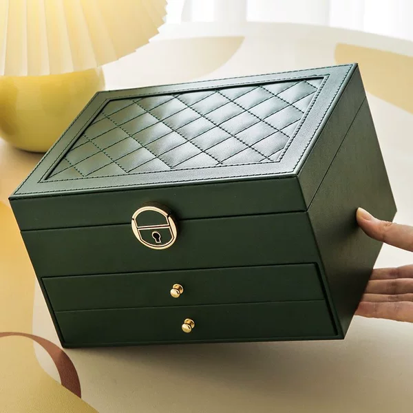 Diamond-Patterned Three-Layer Lockable Jewelry Storage Box with Large Capacity, Pu Leather Jewelry Organizer, Earring Storage Box with a Light Luxury and High-End Feel