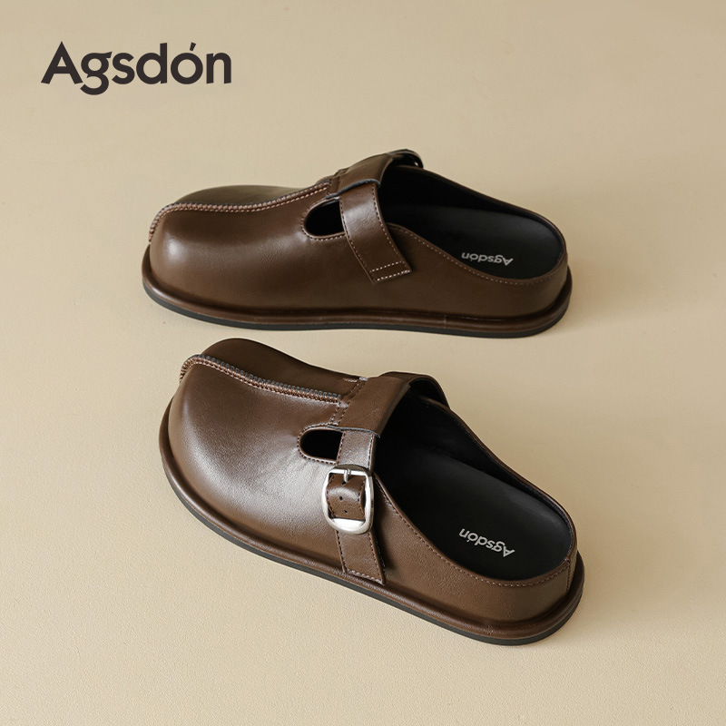 Augu Shi Deng grueso con suela pequeña piel Bocken zapatos de cabeza de medio trapezo para mujeres 2026 nuevos zapatos marrones de primavera británicos de un solo pie