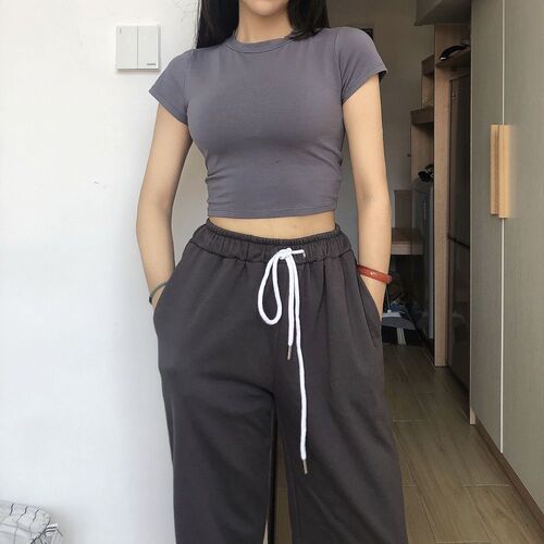American-style basic retro solid-color small round neck elastic short-sleeve tight T-shirt half-sleeve belly-baring base top