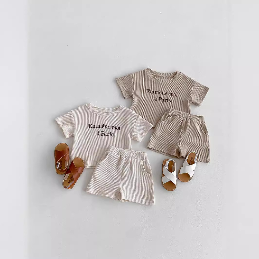 Korean-style Ins Summer Infant Casual Wear Set Boys and Girls Embroidered Top with Waffles Letters Small Shorts