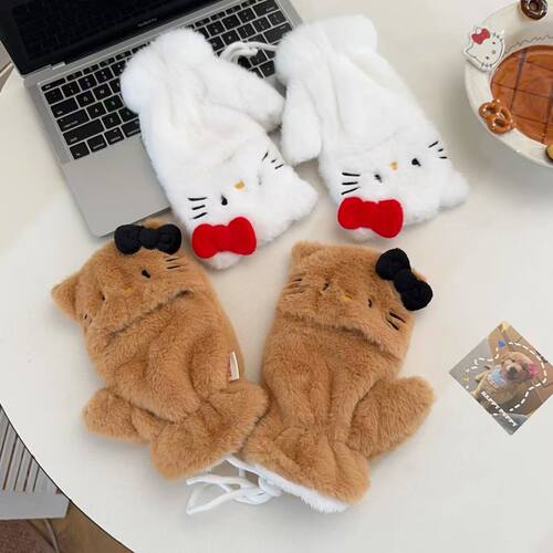 Cute Cat Half-Finger Foldable Fuzzy Mittens for Women, Autumn and Winter Warmth, Fleece Lined and Thickened, Student Cycling Cold-Proof Gloves