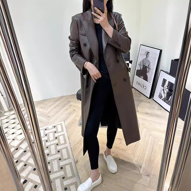 Genuine Leather Jacket 3253 Spring & Fall Maillard Suit Windbreaker Lambskin Double-Breasted Long Slim Outwear Jacket for Women