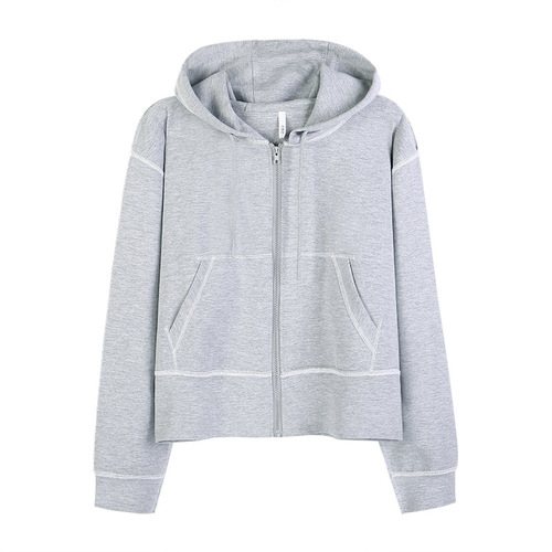 Women's gray hoodie outerwear, spring and autumn versatile, Korean chic, casual, small figure, Instagram trendy