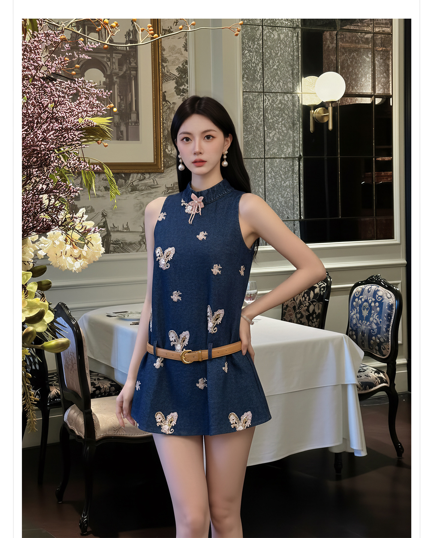 Bộ quần short jean nữ lưng cao kèm áo vest không tay phong cách Tân Trung Hoa — bộ đồ, Trang chủ, quần đùi chi tiết 2
