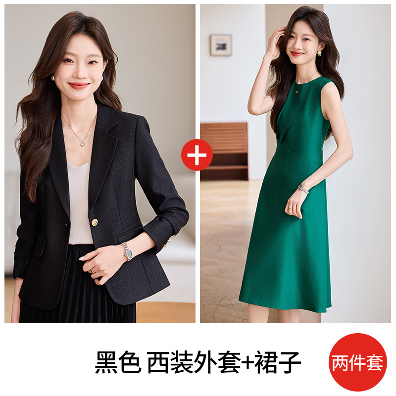 Black long sleeves [suit + green dress]