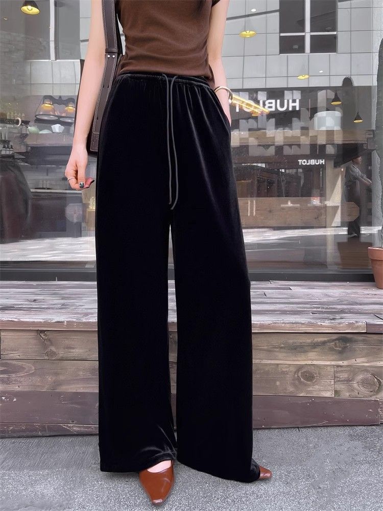 2025秋冬季新款时尚松紧高腰金丝绒阔腿长裤女垂感顺滑直筒休闲裤