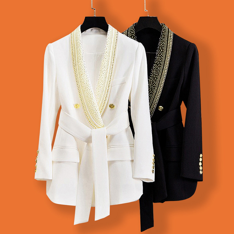 In-Stock Quality Fashion New Style Metallic Belt Green Fruit Collar Mid-Length Quality Women's Blazer Jacket