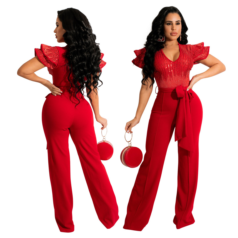 Solid Color Sleeveless Sequins Strappy Jumpsuit NSCYF112176