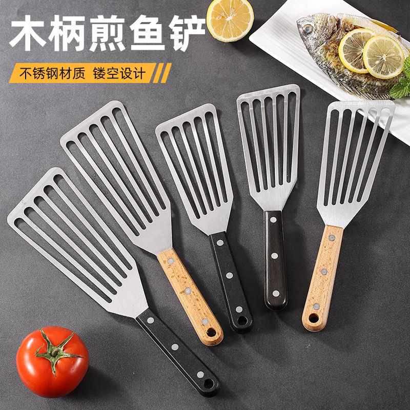 ステンレスのマントーのシャベルのステーキのシャベルの木の柄のシャベルの台所の揚げ物の卵のシャベルの料理の焙煎道具|undefined