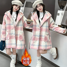 冬季女童加厚外套儿童格子夹棉中长款毛呢大衣中大童时尚休闲外套