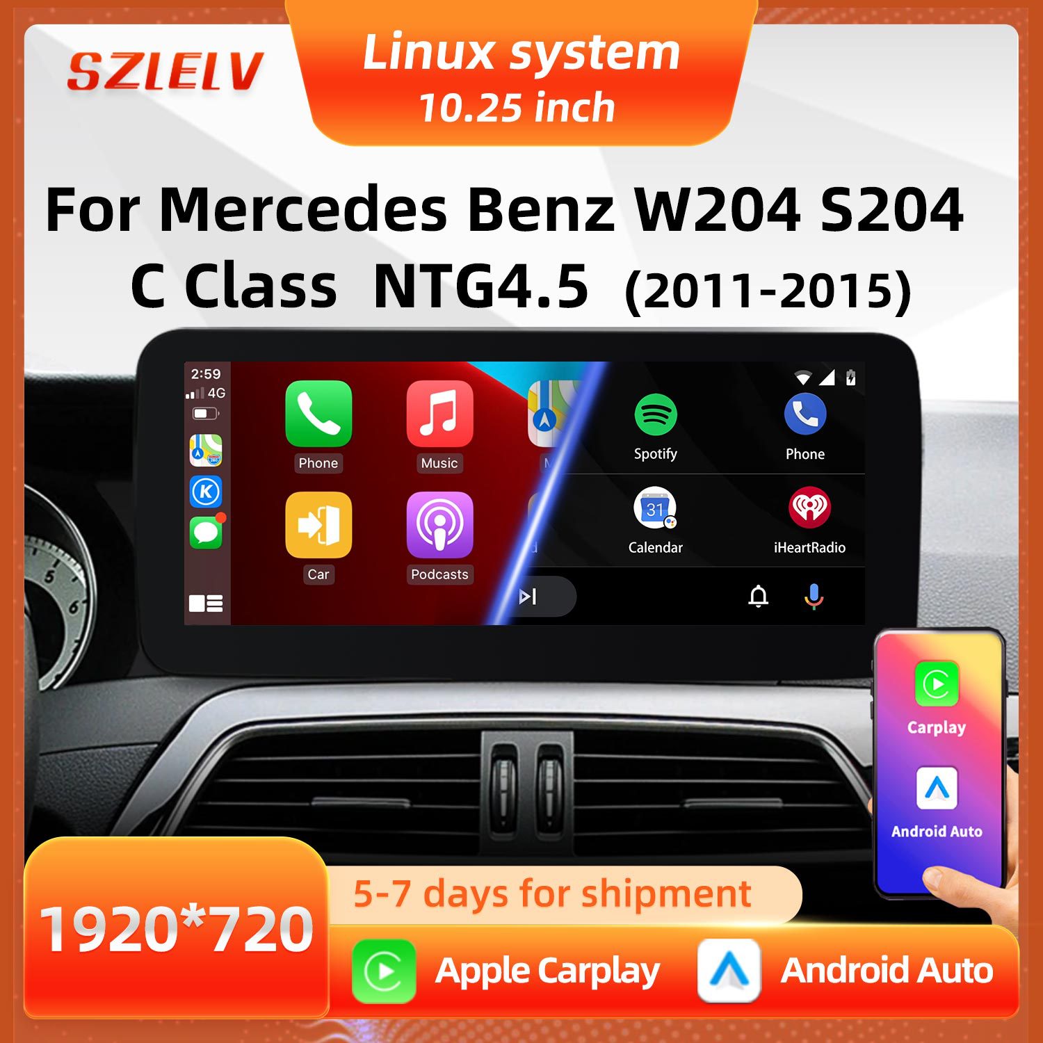 车载DVD导航倒车影像适用奔驰C级W204中控屏10.25寸carplay播放器