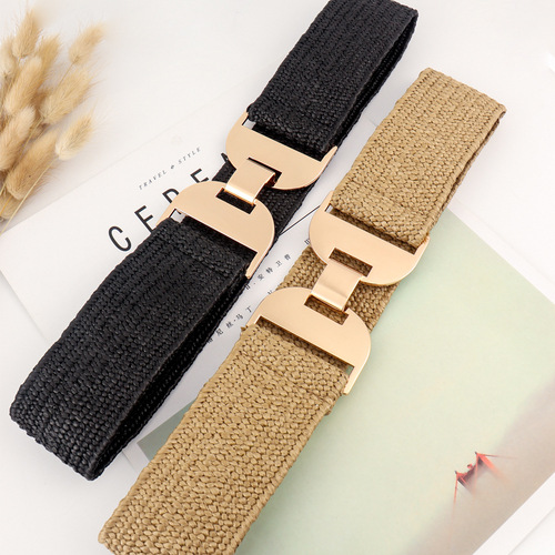 Summer new pp straw girdle women's elastic woven elastic belt personalized glossy geometric buckle head versatile accessories