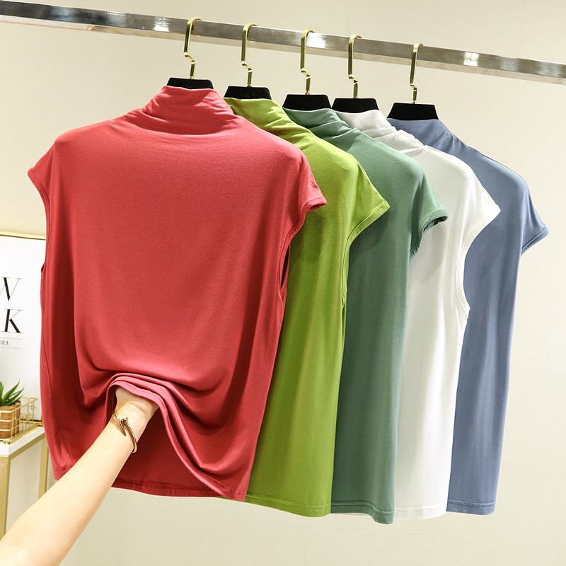 2025 new slim fit Korean style black mid sleeveless white top T-shirt half turtleneck sleeveless bottoming shirt for women spring and autumn