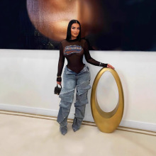 欧美女装直筒弹力牛仔裤亚马逊跨境女装秋季街头潮人可拆卸纽扣高