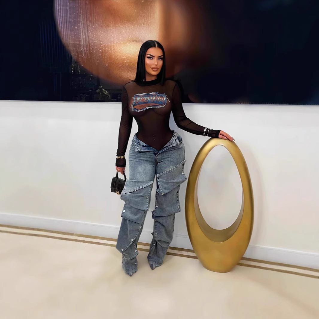 欧美女装直筒弹力牛仔裤亚马逊跨境女装秋季街头潮人可拆卸纽扣高