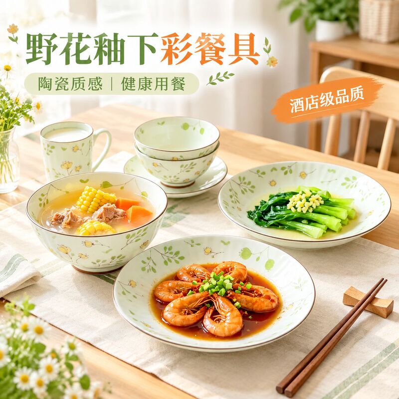 Imported wildflower-patterned ceramic bowls and plates, underglaze painted, for use as rice bowls and soup bowls in five-star hotels; wholesale of large tableware sets Imported wildflower-patterned ceramic bowls and plates, underglaze painted, for use as rice bowls and soup bowls in five-star hotels; wholesale of large tableware sets