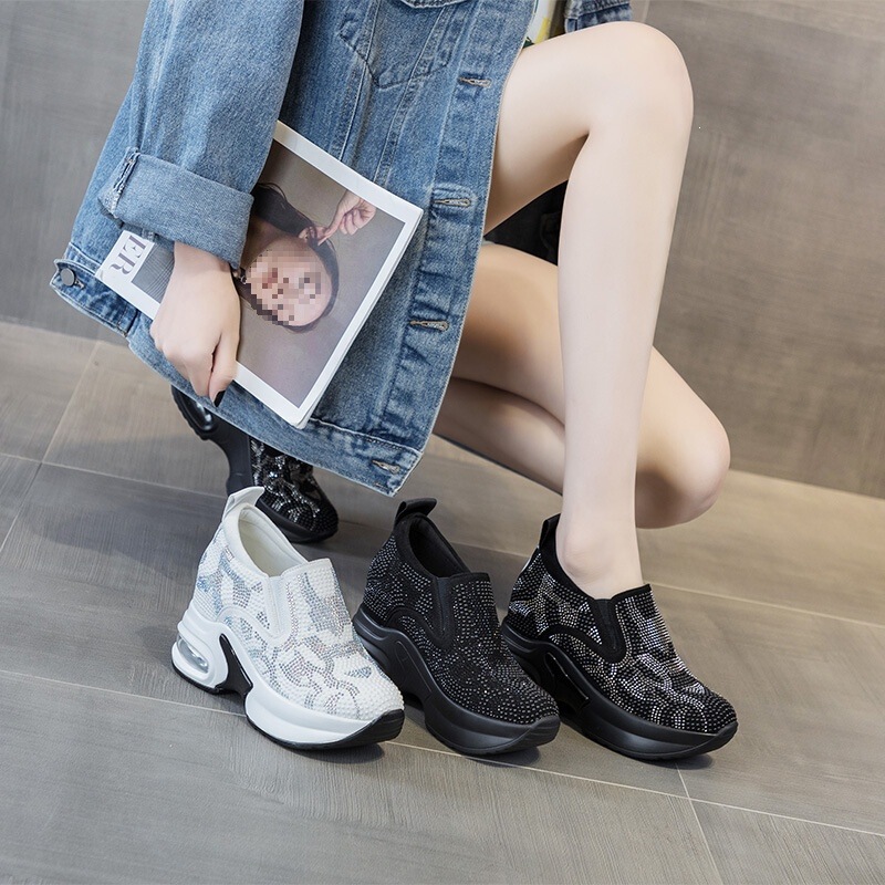 Thick-Soled Women's Shoes 2026 Spring and Summer New Casual Height-Increasing White Sneakers with Rhinestones, Thick-Soled Sports Air-Cushion Shoes, Large Size