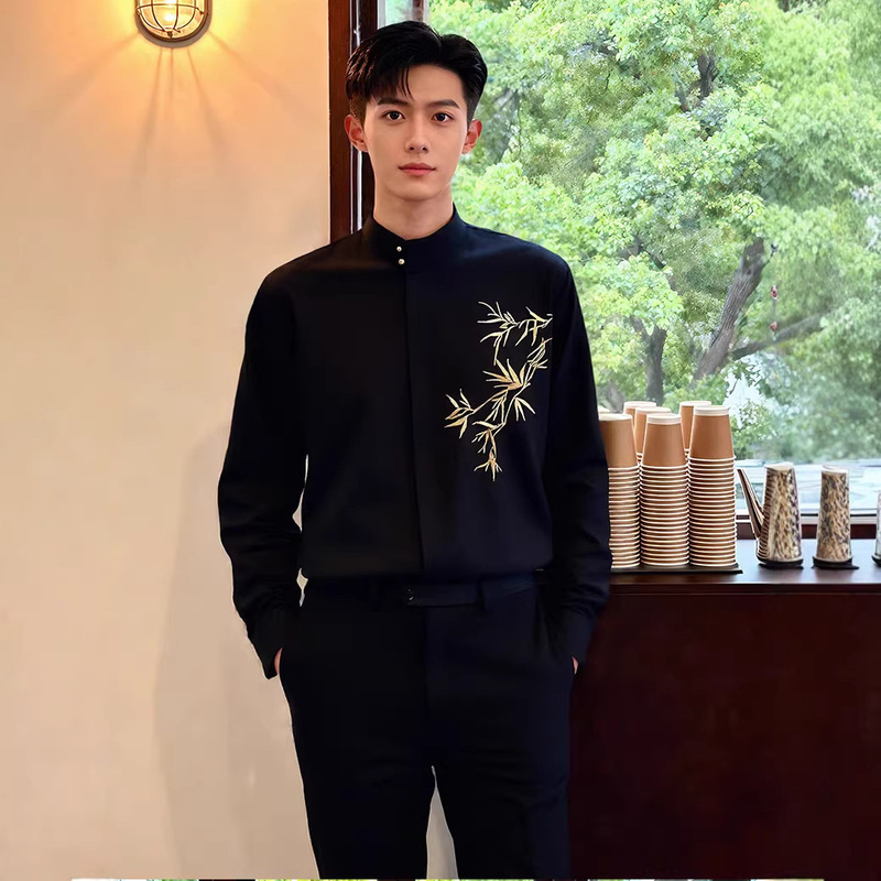 New Chinese-Style Stand-Collar Shirt with Gold Bamboo Embroidery for Men, Engagement Attire, Light National Style Wedding Shirt, Inner Shirt for Wedding Registration Suit New Chinese-Style Stand-Collar Shirt with Gold Bamboo Embroidery for Men, Engagement Attire, Light National Style Wedding Shirt, Inner Shirt for Wedding Registration Suit