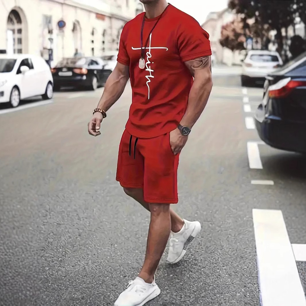 Cross-Border Men's Summer Casual Sports Suit Round Neck Short-Sleeved 3D Digital Printing Design Shorts Two-Piece Set Aliexpress