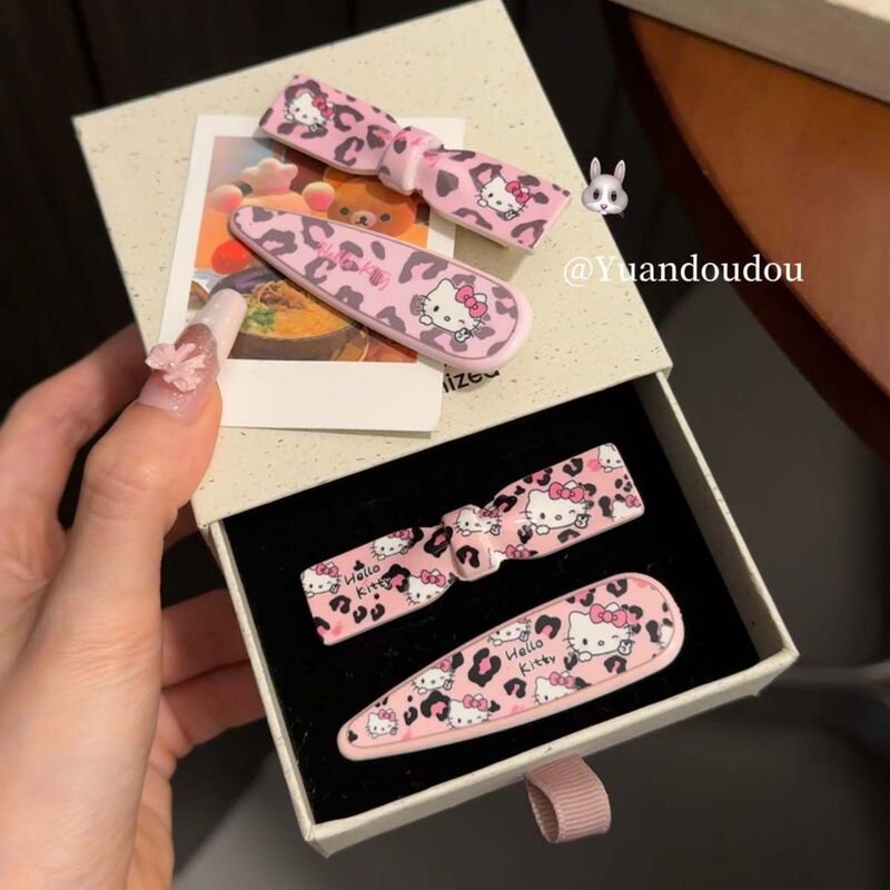 Autumn New Pink Leopard Print Cat Bow Hairpin Japanese Sweet Girl Style Side Duckbill Hair Clip Hair Accessory