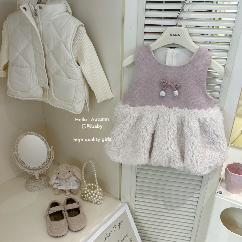 [Ropa para niños Le En] Nuevo estilo de otoño e invierno para niñas, falda de chaleco de lana rosa occidental y terciopelo, vestido de moda de todo fósforo