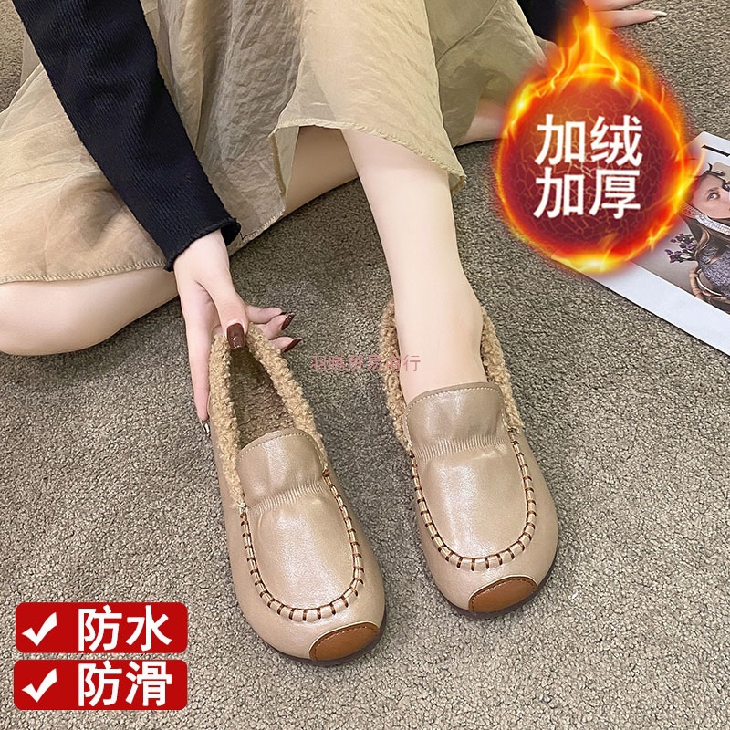 宽胖脚一脚蹬加绒加厚雪地靴女防水皮面孕妇加厚防滑保暖豆豆棉鞋