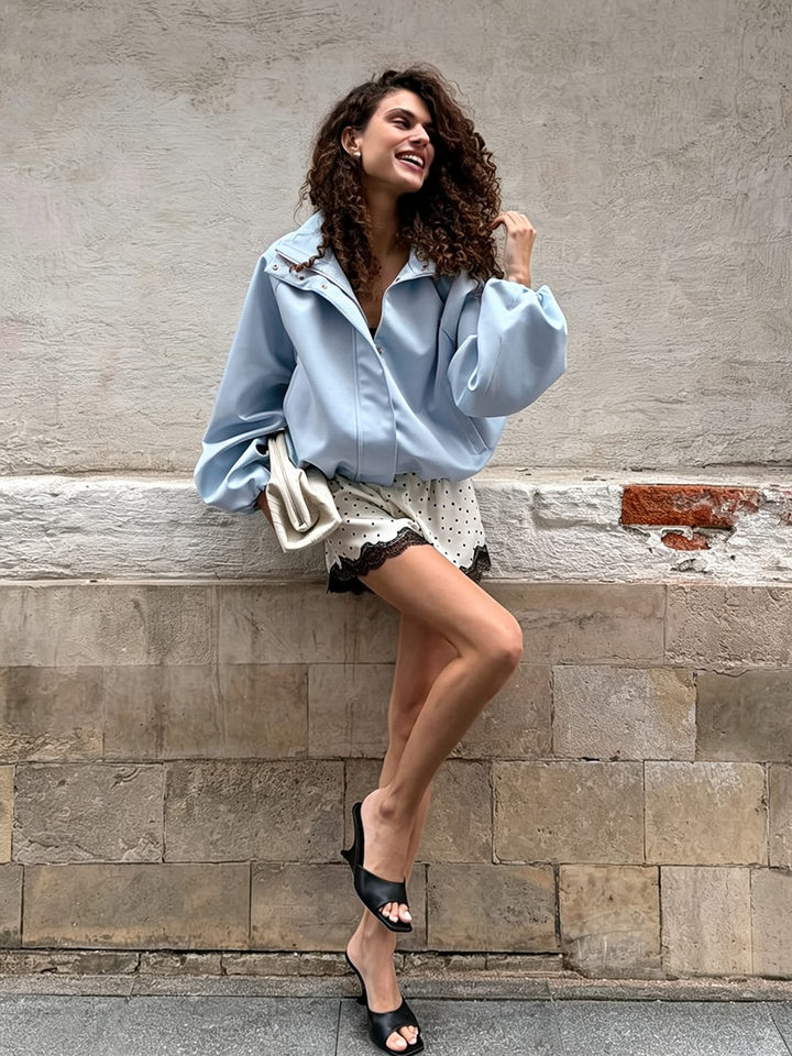 Áo khoác jacket satin cổ đứng tay hoa tulip dáng rộng — Màu hồng, Màu xanh dương, màu đỏ chi tiết 15
