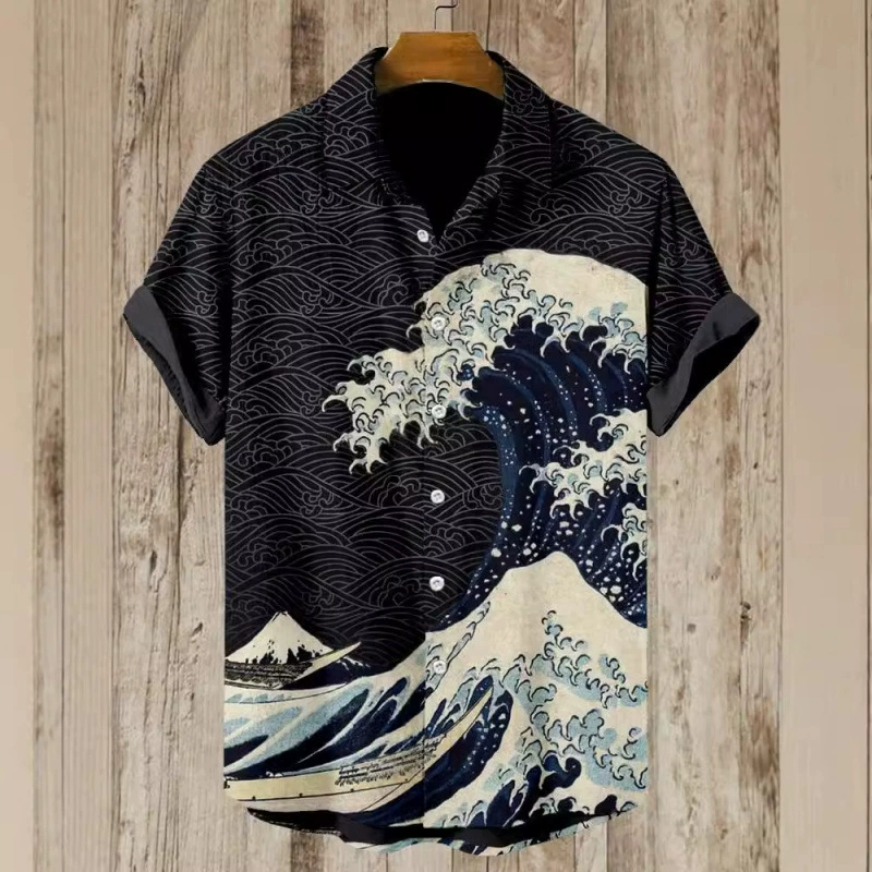 Летняя мужская рубашка с короткими рукавами для трансграничной электронной коммерции и волнистым узором на лацканах, свободная повседневная универсальная рубашка с короткими рукавами и 3D-печатью