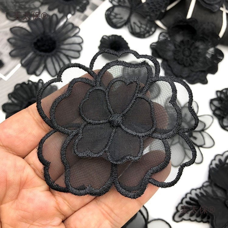 黑色蕾丝透明网纱刺绣布贴欧根纱diy装饰衣服裤子蝴蝶花朵麦太保