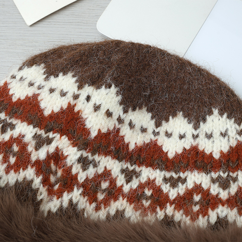 Cappello da pescatore invernale retrò in stile etnico jacquard lavorato a maglia, in pelliccia di coniglio, caldo, spesso e antifreddo_voghion.com