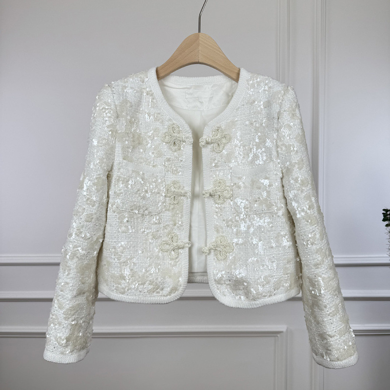 2025 Spring and Autumn New Style Chanel Style New Chinese Scale Tweed Short Coat Women's Vintage National Style Slim Look Top