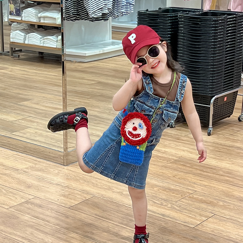 Bolso de hombro de la muñeca del payaso de los niños moda bebé de lana de dibujos animados monedero pequeña niña tejida a mano bolsa de mensajero