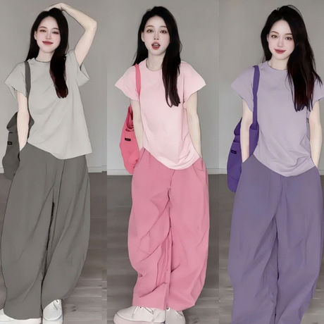 夏日多巴胺一整套T恤阔腿裤两件套慵懒风时尚休闲薄款套装小个子