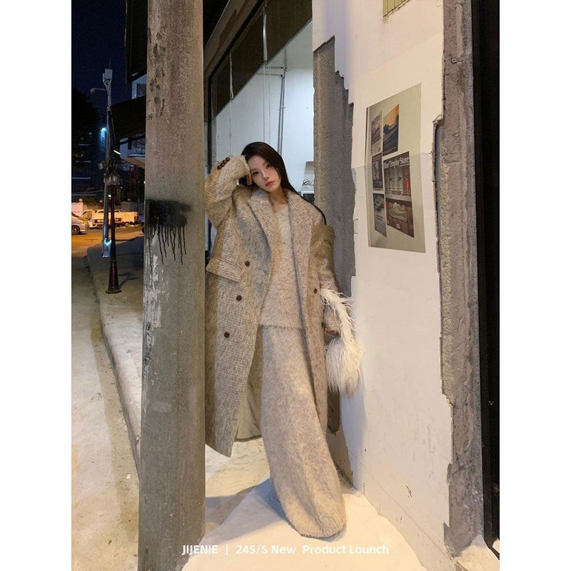 慵懒风复古翻领设计感燕麦色加厚毛呢大衣外套女秋冬新款呢子外套|undefined