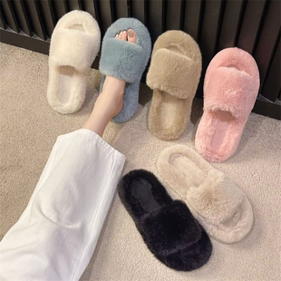 Internet celebrity one-word furry slippers for women 2023 autumn new fairy style home soft bottom pregnant women plus size furry slippers