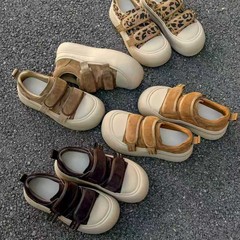 丑萌大头魔术贴乐福鞋女2025秋冬新款厚底增高休闲运动加绒面包鞋