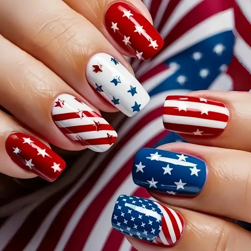 Cross-Border Independence Day Best-Selling 24-Piece Nail Art Set with Classic European and American Flag Designs, Medium-Length Rectangular Press-On Nails Wholesale