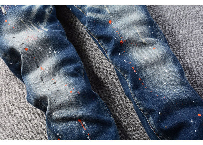 Men's Retro Blue Washed Jeans | Splatter Paint & Ripped Detail | Relaxed Straight Leg Denim Pants Comfortable Straight Leg Fit_viptrois.com