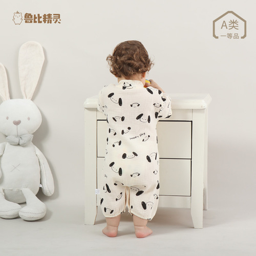 Baby gauze cotton bag fart clothes newborn one-piece clothes short-sleeved thin section cotton type A baby lace-up monk suit