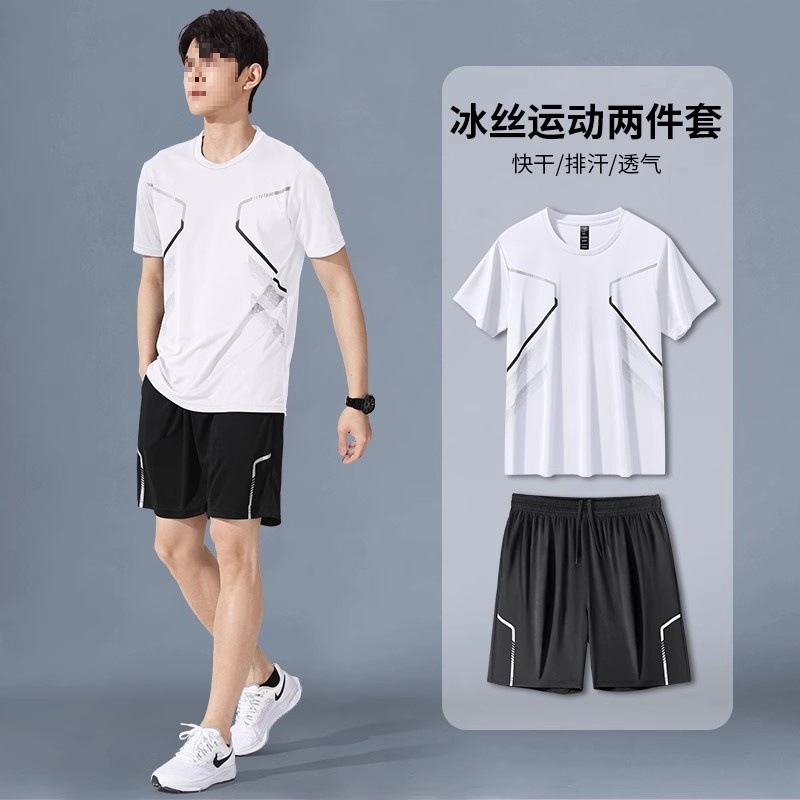 Traje de ropa deportiva para hombres corriendo manga corta seda de hielo ropa de secado rápido de verano ropa de baloncesto ropa de fitness de plumas pantalones cortos de verano