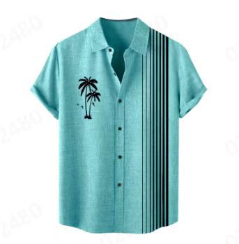 Comercio exterior transfronterizo de los hombres primavera europea y americana nueva solapa impresa en 3D manga corta a rayas retro camisa casual hombres al por mayor